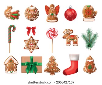 Realistic christmas colored icon set with different attributes for holiday gift box gingerbread cookies lolly on stick and christmas tree vector illustration