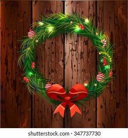 Realistic Christmas coniferous wreath isolated on the white background. Vector Illustration, eps10, contains transparencies.