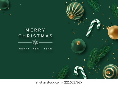 Realistic Christmas decor with firs, confetti, candy canes and christmas tree balls. New year vector card on dark green background