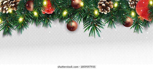 Decoración navideña realista con ramas de pino, cono de pino, granada, chispas, guirnaldas ligeras y juguetes navideños sobre fondo transparente. Ilustración para tu afiche, pancarta, tarjetas. Vector.