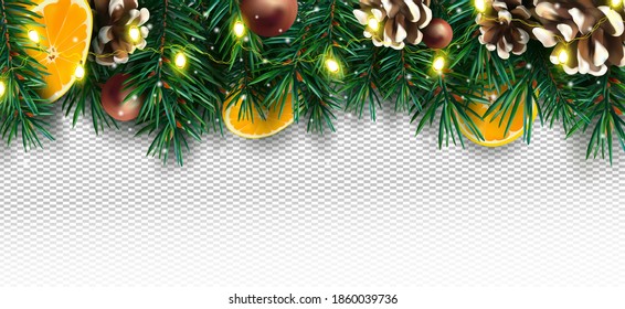 Realistic Christmas decor with of pine branches, pine cone, orange, sparkles and Christmas light garland on transparent background. Christmas illustration for your poster, banner, cards. Vector