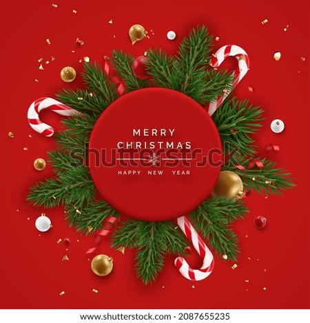 Realistic Christmas decor with pine branches, confetti, candy canes, golden and red balls. Christmas concept. New year vector card on red background
