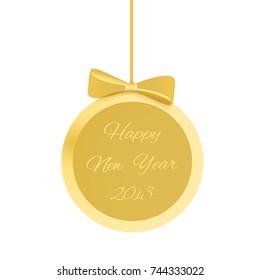 Realistic Christmas decoration. Xmas ball or toy on ribbon. New year toy for fir tree. Holiday illustration on isolated background. Congratulation as a template for greeting card, postcard, poster. 