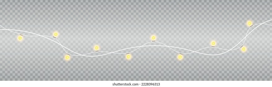 Realistic of Christmas decorative garlands. New Year's decorations. Lights bulbs isolated on transparent background. Glowing golden Christmas garlands string. Vector New Year party lights decorations