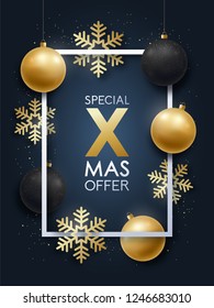 Realistic Christmas design with inscription Special Xmas Offer. Gold and black Christmas decorations. Sale signboard. 