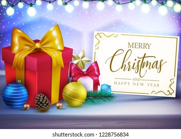 Realistic Christmas Design Window View Snowing Outside with Lights, Gifts, Pine Cone, Fir Branch and Christmas Balls with Greeting Typography  Merry Christmas and Happy New Year Message. Vector