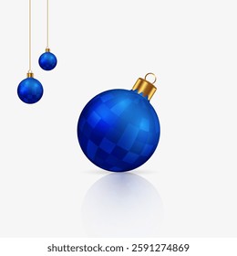 A realistic Christmas disco ball design template is used on an isolated background. Blue gradient color disco ball design vector with the hanging ball. Blue color Christmas ball design art. 