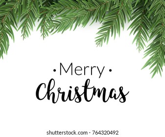 Realistic christmas fir background. Merry christmas pine tree decoration border card.