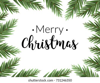 Realistic christmas frame with fir. Merry christmas pine tree decoration border card.