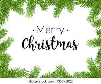 Realistic christmas frame with fir. Merry christmas pine tree decoration border card.