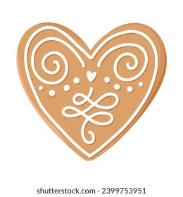 Realistic christmas gingerbread cookie in form of heart, romantic love concept, happy valentine day, vintage hand drawn winter line decor, vector illustration