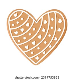 Realistic christmas gingerbread cookie in form of heart, romantic love concept, happy valentine day, vintage hand drawn winter line decor, vector illustration