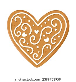 Realistic christmas gingerbread cookie in form of heart, romantic love concept, happy valentine day, vintage hand drawn winter line decor, vector illustration