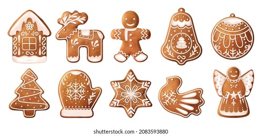 Realistic christmas gingerbread cookies icon set ten cookies of different shapes decorated with white icing vector illustration