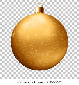 Realistic Christmas golden ball with many winter doodles. Santa, toys, cookies, snowmen, fir, candies, socks, gifts, bows, snowflakes, stars, hollies, mittens, etc.