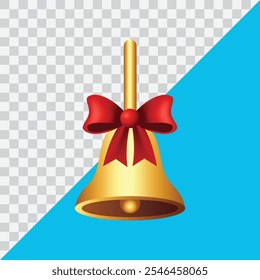 Realistic Christmas Golden bells with red bow.