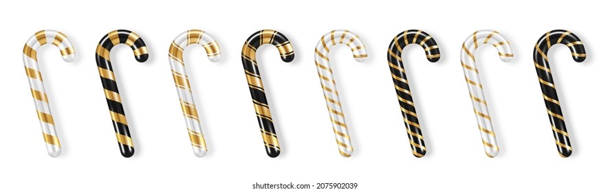 Realistic Christmas golden candy cane set isolated on white background. Vector illustration. Merry Xmas and Happy New Year sweet 3d icons luxury elegant collection for poster, banner, invitation