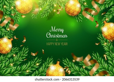 Realistic Christmas green background with toys, fir branches, bokeh, serpentine. Happy New Year, poster, banner, greeting card, invitation card for your design. Template for text. Vector illustration.