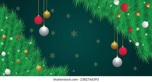 Realistic Christmas green leaf banner with red and white balls with lights and snowflakes.