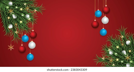 Realistic Christmas green leaf banner with blue and white balls with lights and a red background with snowflakes.