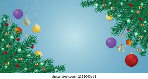 Realistic Christmas green leaf banner with blue and yellow balls with lights and golden stars with snowflakes and red flowers.