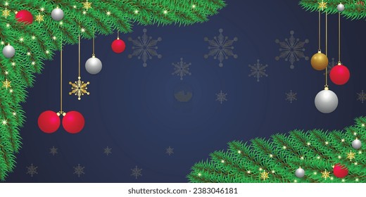 Realistic Christmas green leaf banner with white and red balls with lights and snowflakes.
