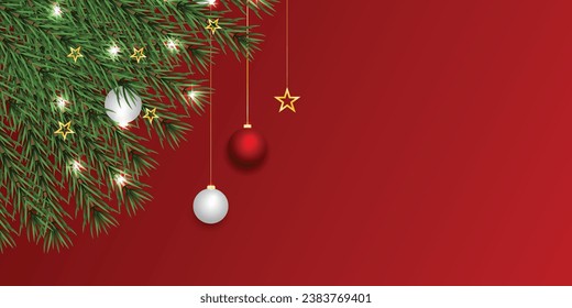 Realistic Christmas green leaf banner with red and white balls with lights and golden stars.