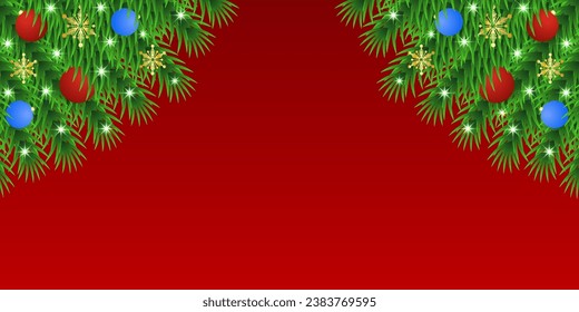 Realistic Christmas green leaf banner with blue and red balls with lights and snowflakes with red background.