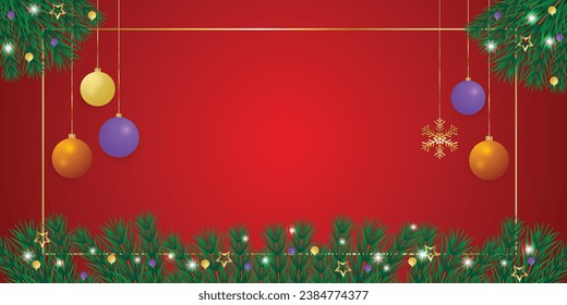 Realistic Christmas green leaf banner with blue and yellow balls with lights and golden stars with snowflakes and a red background.