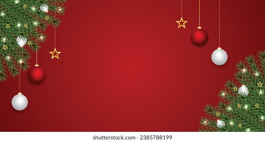 Realistic Christmas green leaf banner with red and white balls with lights and golden stars with red background.