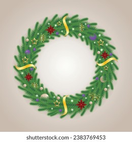 Realistic Christmas green wreath with blue and white balls with snow and snowflakes with lights and golden stars with flowers and ribbons.
