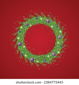 Realistic Christmas green wreath with blue balls and snow with a red background and lights.