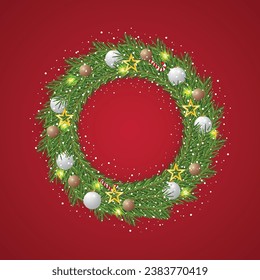 Realistic Christmas green wreath with white and golden balls with snow and a red background with golden lights and golden stars.