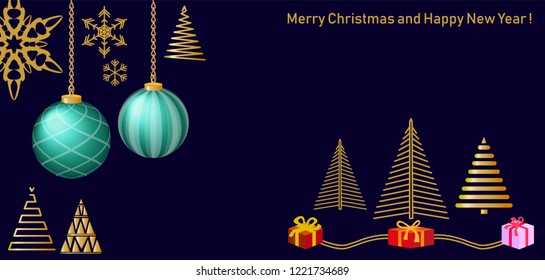 Realistic Christmas greeting card. Pink Xmas balls, fir trees, gifts and festive decorations on black background.
