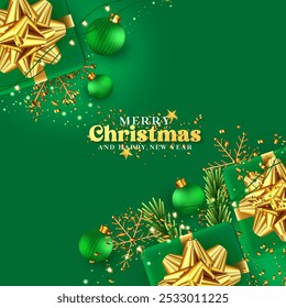 Un diseño de póster verde de Navidades realistas y celebración del Feliz Año Nuevo. Diseño de tarjeta de felicitación invitante para la celebración de Feliz Navidad con bola colgante de Navidad, cinta, nieve de oro y efecto de luz. 