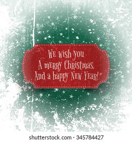 Realistic Christmas and happy New Year red greeting Banner on frozen Window and green Background with Snowflakes. Vector Illustration