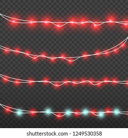 Realistic Christmas Lights bulbs isolated on transparent background. Glowing lights for Christmas Holiday cards.  New Year Garlands  decorations , banners, posters, web design. 