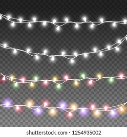 Realistic Christmas Lights bulbs isolated on transparent background. Glowing lights for Christmas Holiday cards.  New Year Garlands  decorations , banners, posters, web design. 