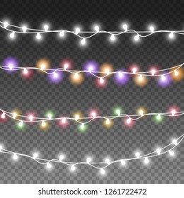 Realistic Christmas Lights bulbs isolated on transparent background. Glowing lights for Christmas Holiday cards.  New Year Garlands  decorations , banners, posters, web design. 