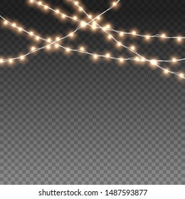 Realistic Christmas Lights bulbs isolated on transparent background. Glowing lights for Christmas Holiday cards. New Year Garlands decorations , banners, posters, web design