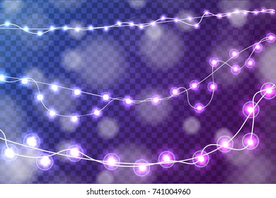 Realistic Christmas lights decorations set isolated on transparent blue and purple background. For greeting cards. Vector illustration