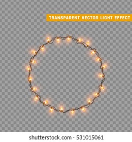 Realistic Christmas lights are glowing gold, Xmas round frame from garland. transparent background. decorations Led neon lamp