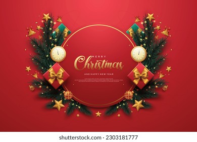 Realistic christmas and new year greeting card with christmas gifts and lights.