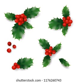 Realistic Christmas New Year red holly berry pattern. Vintage winter holiday decoration design element set isolated 3d render mesh gradient seasonal wallpaper template white vector illustration