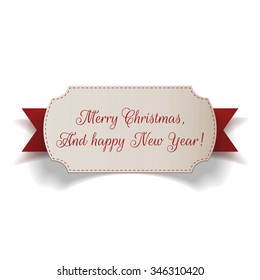 Realistic Christmas Paper Label And Red Ribbon On White Background. Vector Illustration