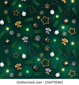 Realistic Christmas pattern background with golden and silver balls. Decorative pine branches