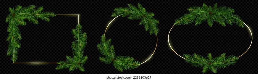 Realistic Christmas pine tree branch vector frame. Isolated circle, square and oval gold minimalist luxury stroke border. Merry Xmas round winter decor twig design. Golden elegant framework pack. - Shutterstock ID 2281103627
