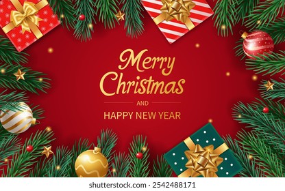 Realistic Christmas Poster Template with Happy New Year Banner