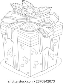 Realistische Weihnachtsgeschenkbox mit Skizze für Bug und Beeren. Cartoon grafische Vektorgrafik für Neujahr in Schwarz-Weiß für Spiele, Muster. Farbpapier, Seite, Geschichtenbuch, Druck
