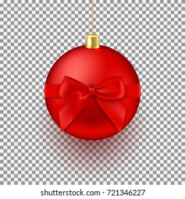 Realistic Christmas red ball isolated on transparent backdrop. Holiday festive toy with satin bow. Vector illustration.